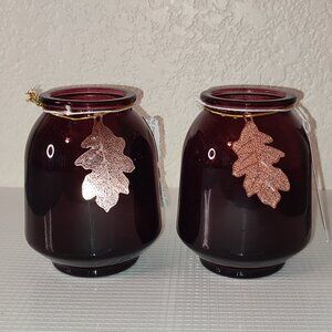Set of 2 Red Candle Holders Oak Leaf Metallic Small vase autumn fall academia